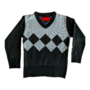 ELIE BALLEH  Milano Italy Argyle Black Grey Knit V-neck Sweater Youth Small 4/5